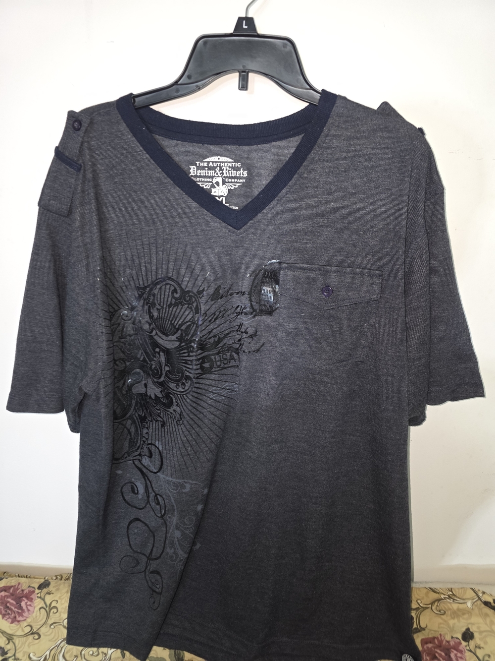 V-Neck Graphic Pocket Tee - Dark Charcoal